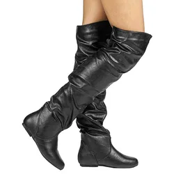 Autumn Winter Over The Knee Boots Women Pu Elastic Boots Female Round Toe Shoes Concise Flat Shoes Autumn Winter 2021 Plus Size