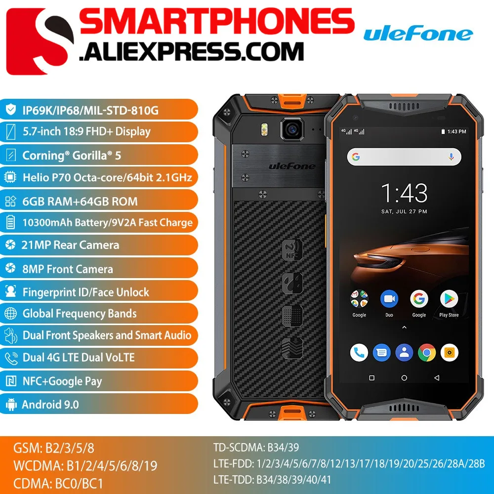 

Ulefone Armor 3W 5.7inch Android 9.0 Mobile Phone 6GB 64GB 10300mAh Big battery 21MP Helio P70 Octa Core Dual SIM Smartphone