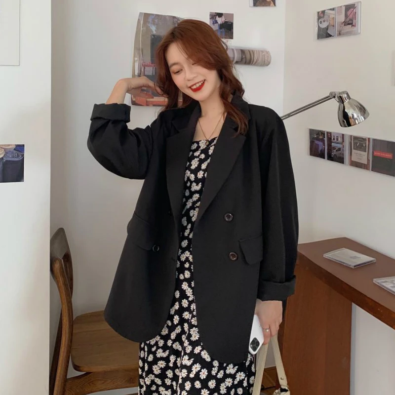 Blazers Women Double-breasted Solid Long Sleeve Chiffon All-match Spring Elegant Summer Korean Style Loose Ladies Outwear Chic