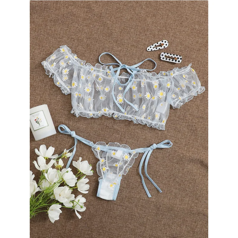 2Pcs Women Lingerie Suit Sexy Sheer Floral Print Off-Shoulder Perspective Mesh Crop Top Tie-Waist Thong-Panty for Date Night