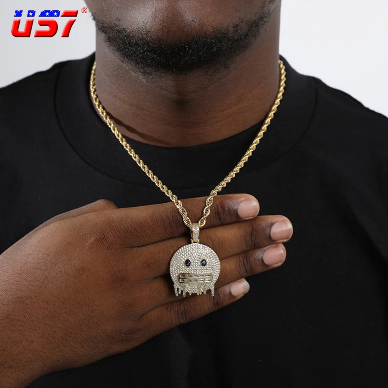 US7 Round Face Pendant In Gold Color Soild Back Pendant With Blue Color Eyes Iced Out Cubic Zircon Men Hip Hop Rock Jewelry