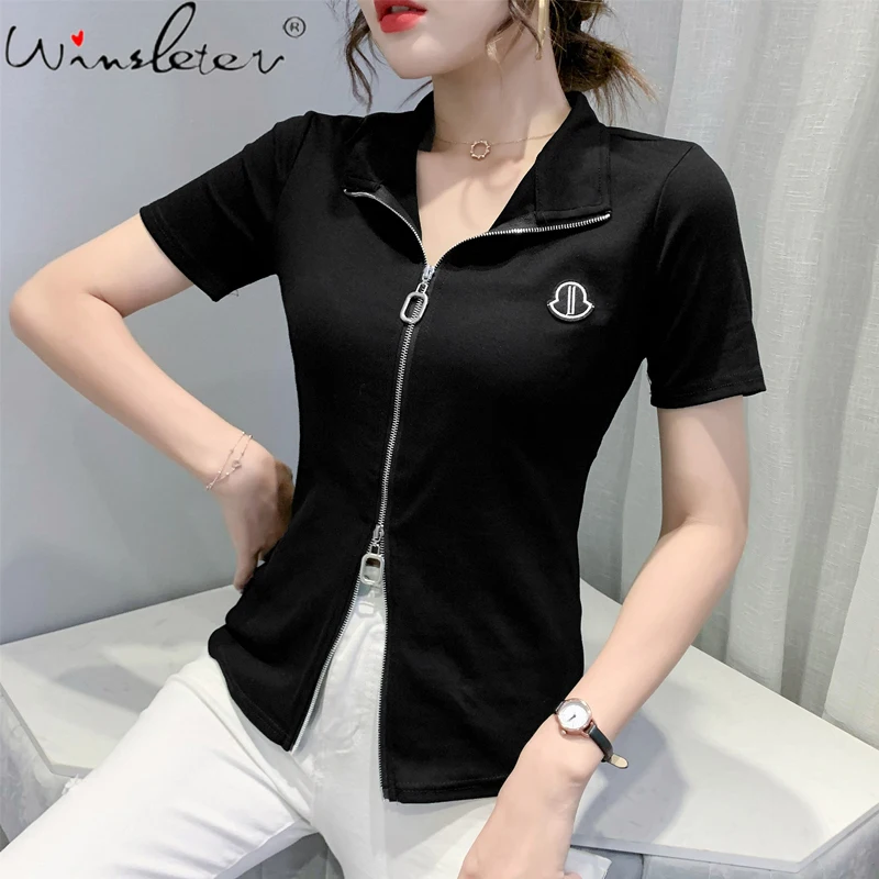 Summer European Clothes Cotton Solid T-Shirt Fashion Sexy Zipper Women Tops Short Sleeve Black White Casual Tees 2021 T15505A