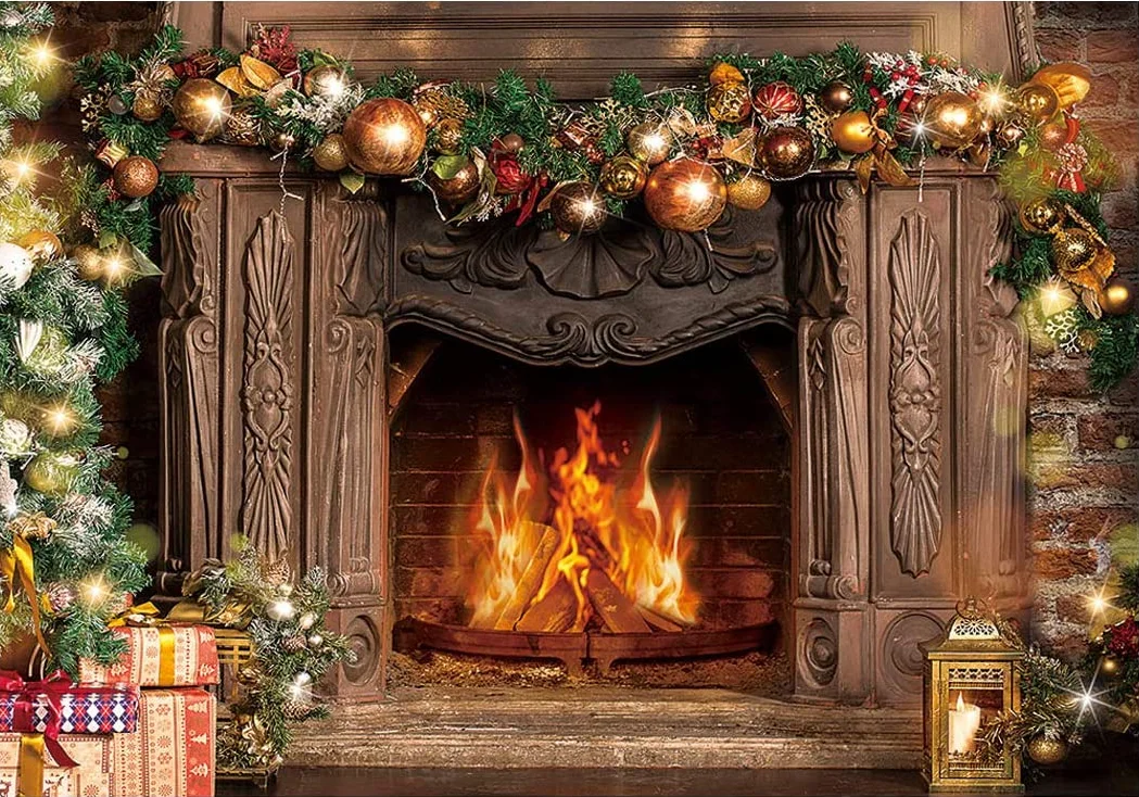 Fondo de chimenea Vintage de Navidad, telón de fondo con purpurina, árbol de Navidad, regalo, Candyland, fotografía, fiesta de invierno, fotomatón