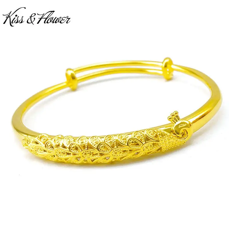 

KISS&FLOWER BR37 Fine Jewelry Wholesale Fashion Woman Girl Birthday Wedding Gift Peacock 24KT Gold Resizable Bracelet Bangle