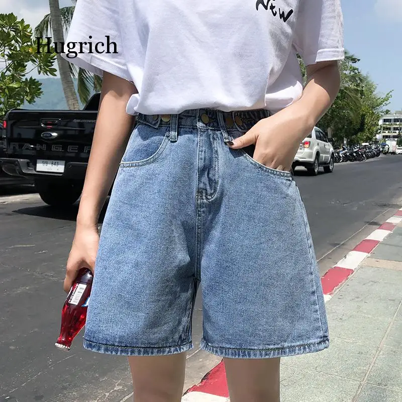 

Street Wear Womens Button High Waist Harajuku Denim Fold Wide Legs Blue Shorts Hot Sale 2021 Summer