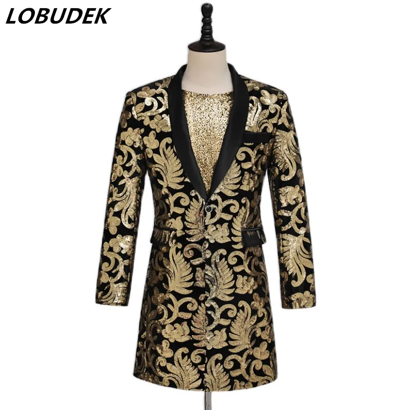 

Male Singer Concert Stage Performance Floral Long Black Gold Sequin Blazer Coat Male Magician Host Shining Tuxedo Costume