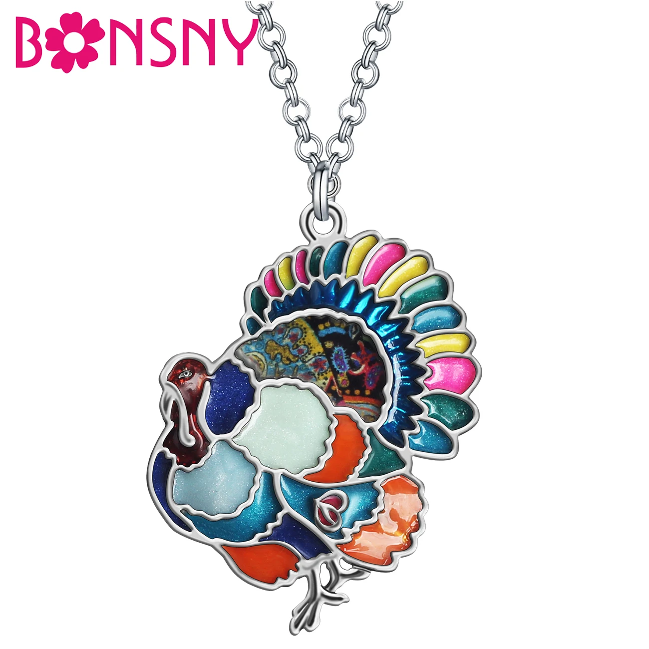 BONSNY Enamel Alloy Floral Thanksgiving Cute Turkey Chicken Necklace Pendant Chain Trendy Jewelry For Women Girl Teen Charm Gift