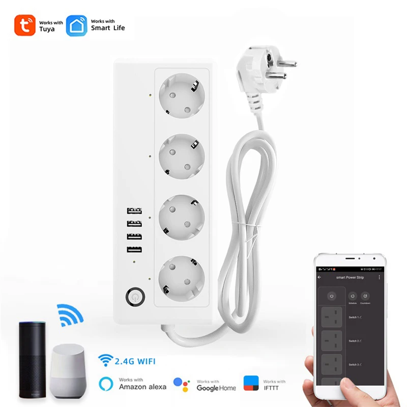 WIFI Tuya Smart Power Strip,4 Outlets with 4 USB Charging Ports,Timer Overload Protect,Voice Remote Control by Alexa Google Home