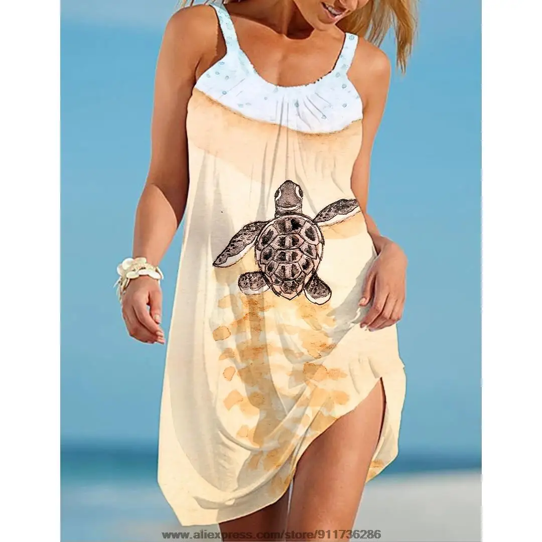 2021 NEUE Schildkröte Druck Kleid Strand Kleid Sommer Frauen Halter Gürtel Ärmellose Sexy