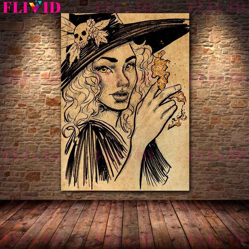 Witch Witchcraft Pencil Drawing Vintage Poster And Prints Magic Spell Wall Art Canvas Painting Home Decoration Retro Art Prints