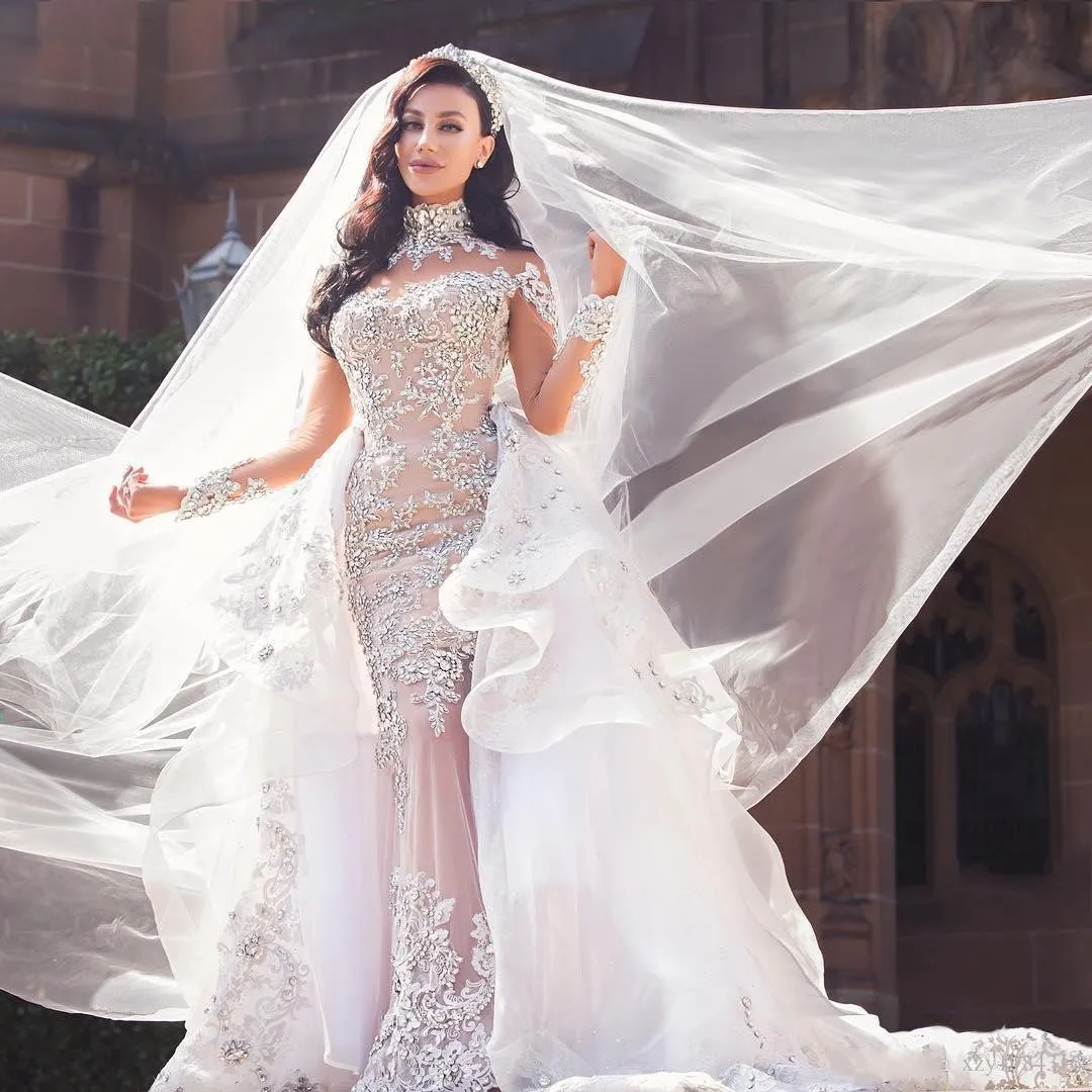 Lujoso vestido de novia de cristal con diamantes de imitación, cuello alto, apliques de cuentas, manga larga, vestido de novia de sirena, sobrefalda Árabe de Dubai