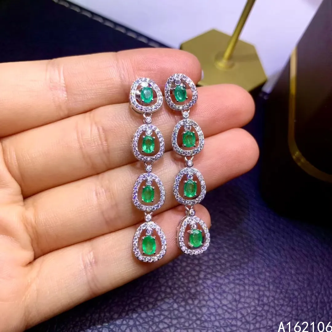 

Fine Jewelry 925 Pure Silver Chinese Style Natural Emerald Girl Luxury Elegant Fresh Oval Gem Earrings Eardrop Support Detection