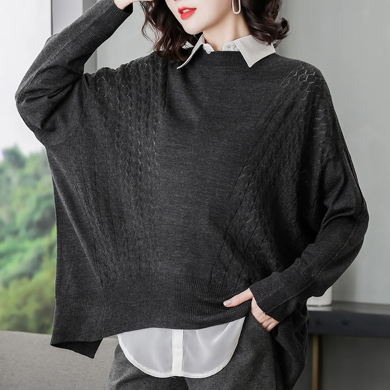 Women Batwing Sleeve Loose Blouse Spring Oversize Knitwear Elegant Ladies Extra Large Hollow Tops  Long Sleeve  Knit Shirts