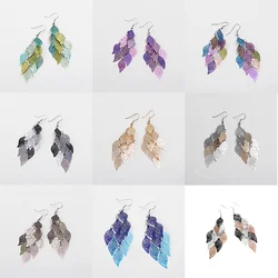 Metal Hollow Out Leaf Mix Color Drop Earrings Long Dangle Bohemia Colorful Earrings for Women Fashion