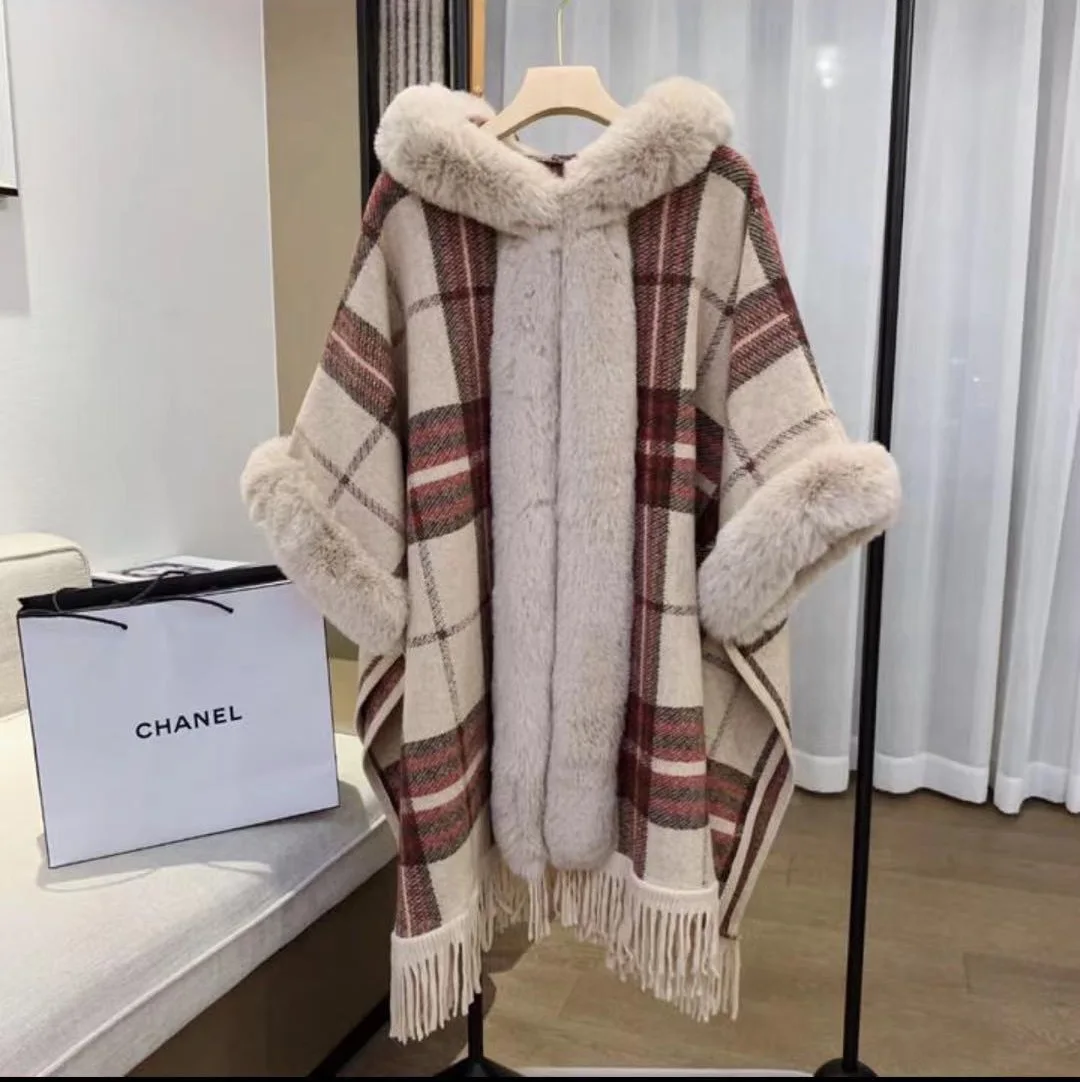 4 Colors Women Winter Thick England Plaid Printed Poncho Tassel Outstreet Wear Cloak With Hat Faux Rabbit Fur Collar Long Coat