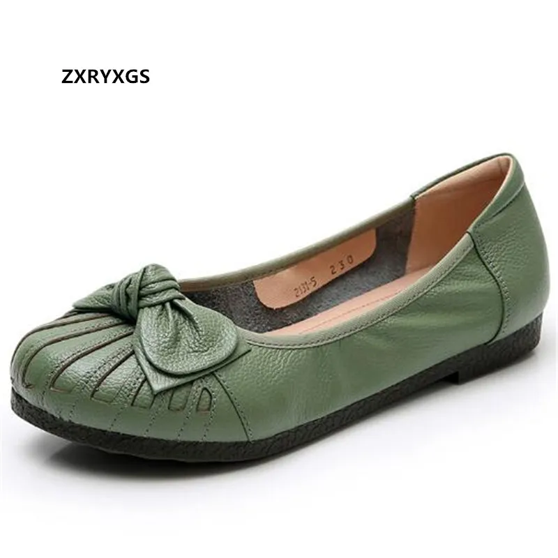 2024 New Spring Sweet Bow Genuine Leather Shoes Women Flats Large Size Soft Sole Comfortable Fashion Shoes Ladies Casual Shoes