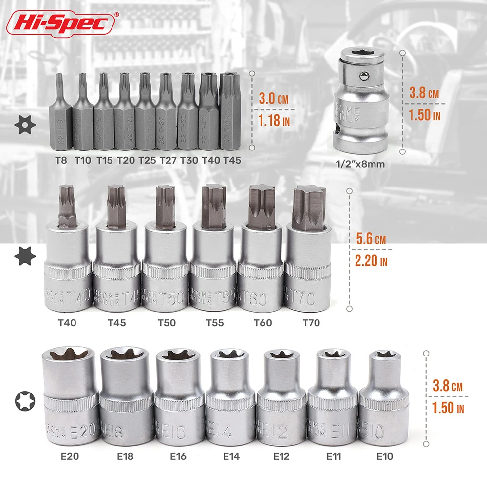 Hi-Spec 1/2 бит Набор розеток E Torx набор адаптеров для розеток гаечный ключ головка для ремонта автомобиля автомобильные инструменты