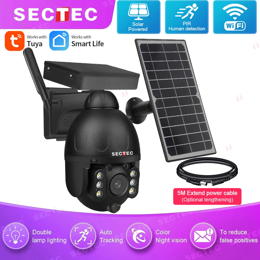 

SECTEC Outdoor Tuya Solar Camera Wifi Security Protection Black Detachable Solar Cam Battery CCTV Video Surveillance Phone