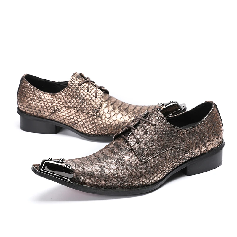 Fashion Men Dress Shoes Genuine Leather Gold Python Skin Iron Pointed Toe Shoes Lace Up Nightclub Oxford Shoes Zapato Hombre