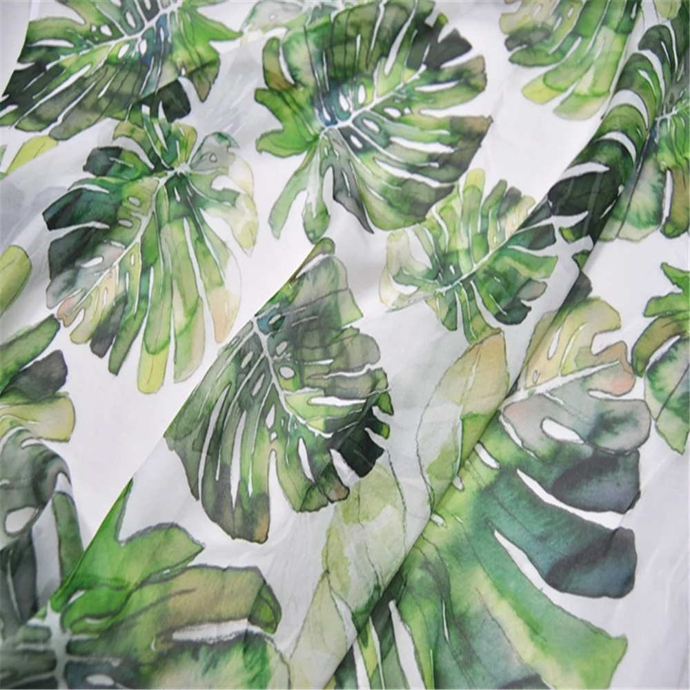 Hot Sale Newest Green Large Leaf Design Silk Chiffon Fabric with Peaceful Material for Unique Garment