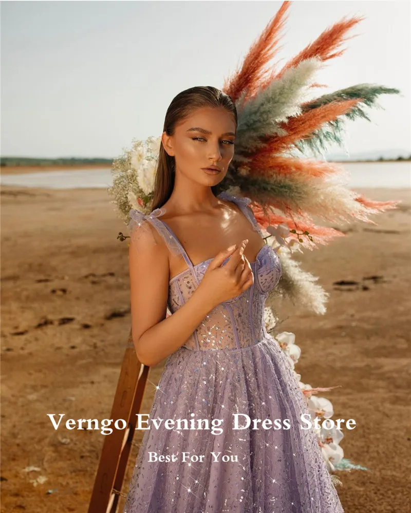 Verngo-Vestidos largos de graduación con purpurina de lavanda, elegantes vestidos de noche de línea A con corsé atado con tirantes, vestido de ocasión especial, 2023