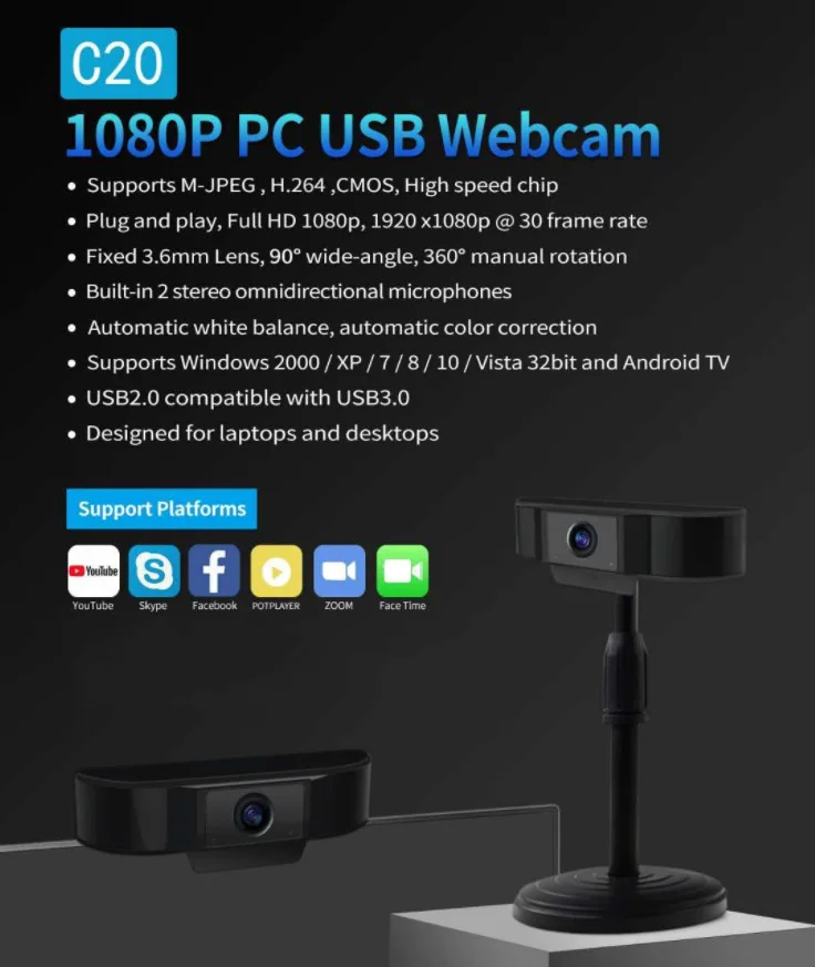 Kamera USB C20 1080P sieć komputerowa nauczanie konferencji na żywo mikrofon z redukcją szumów