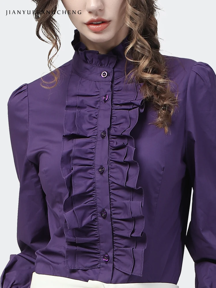 Fashion Women Purple Fleece Lined Long Sleeve Shirt Elegant Ruffles Stand-Up Collar Cotton Blouses Autumn Winter Female Tops