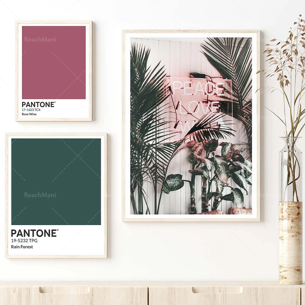 Peace Love Wine Photo, Pantone Rain forest, Pantone Rose Wine, wall collage, wall gallery art, palm leaf, tropical gallery