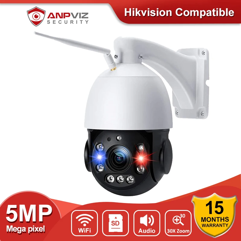 Anpviz Outdoor 5MP Dome Security PTZ IP Camera 30X Zoom Two-Way Audio SD Card Slot Detection Alarm IR150m Surveillance Wifi Cam