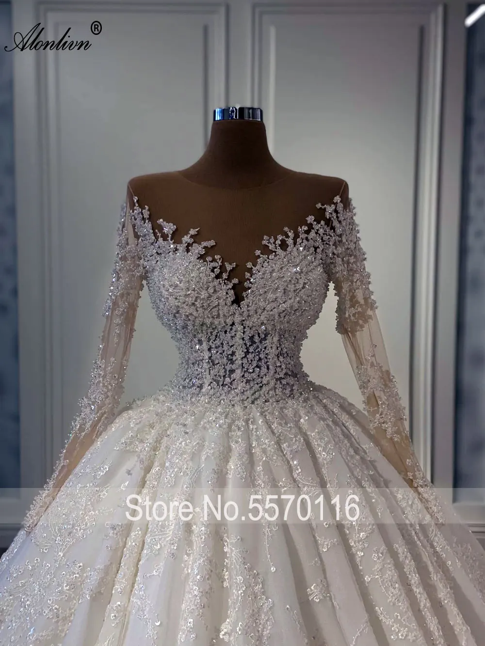 Alonlivn elegante encaje sedoso de cuello en V manga completa una línea vestido de novia rebordear perlas piel marrón vestidos de novia