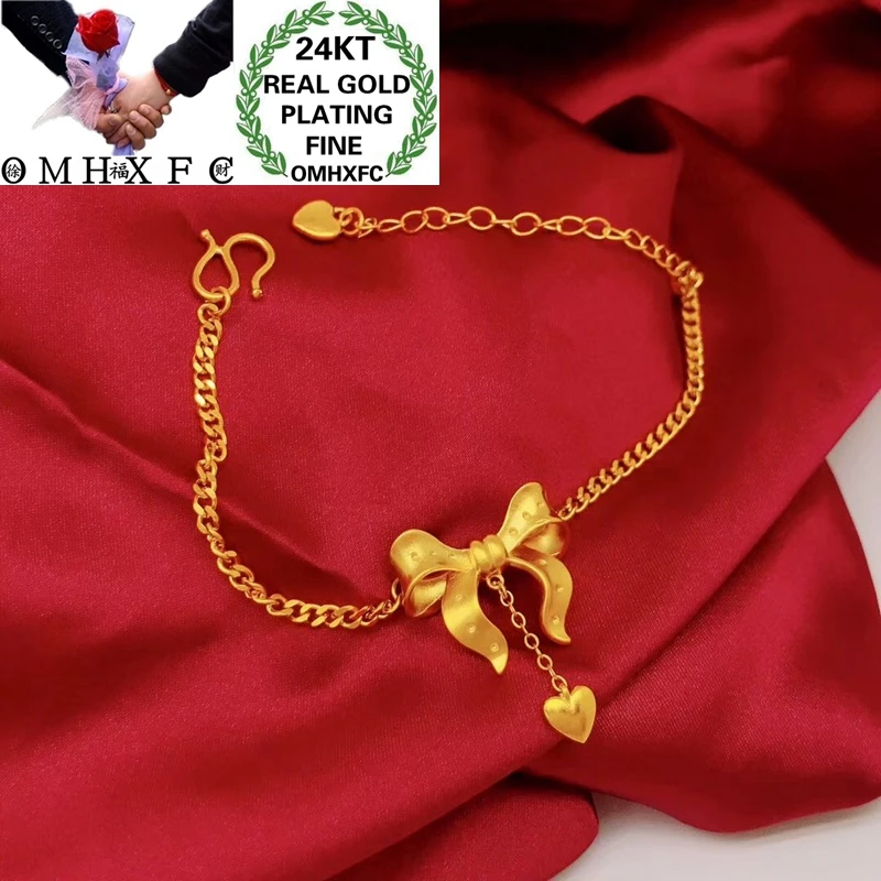 OMHXFC Wholesale YM265 European Fashion Hot Fine Woman Girl Party Birthday Wedding Gift Bowtie Heart 24KT Gold Pendant Bracelet