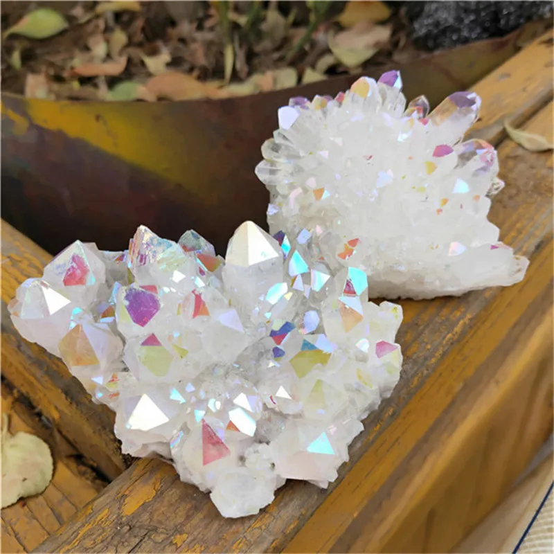 Natural White Crystal Cluster Electroplated Angel Aura Quartz Energy Stone Colorful Point Mineral Reiki Healing Home Decoration