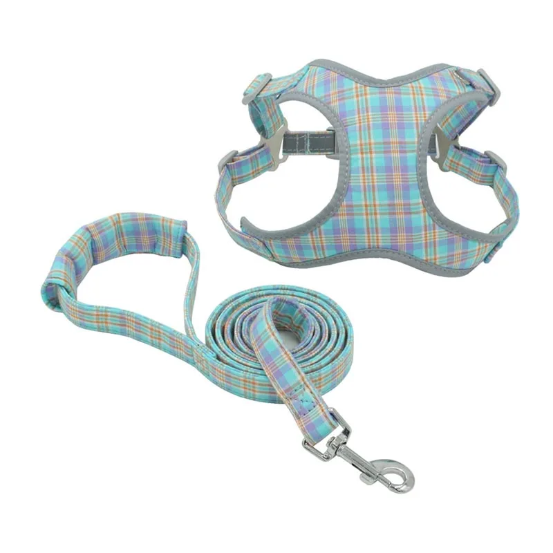 Reflective Plaid Dog Harness and Leash Set for Small Medium Dogs Adjustable Soft Cotton Padded Vest Harness for Walking Control