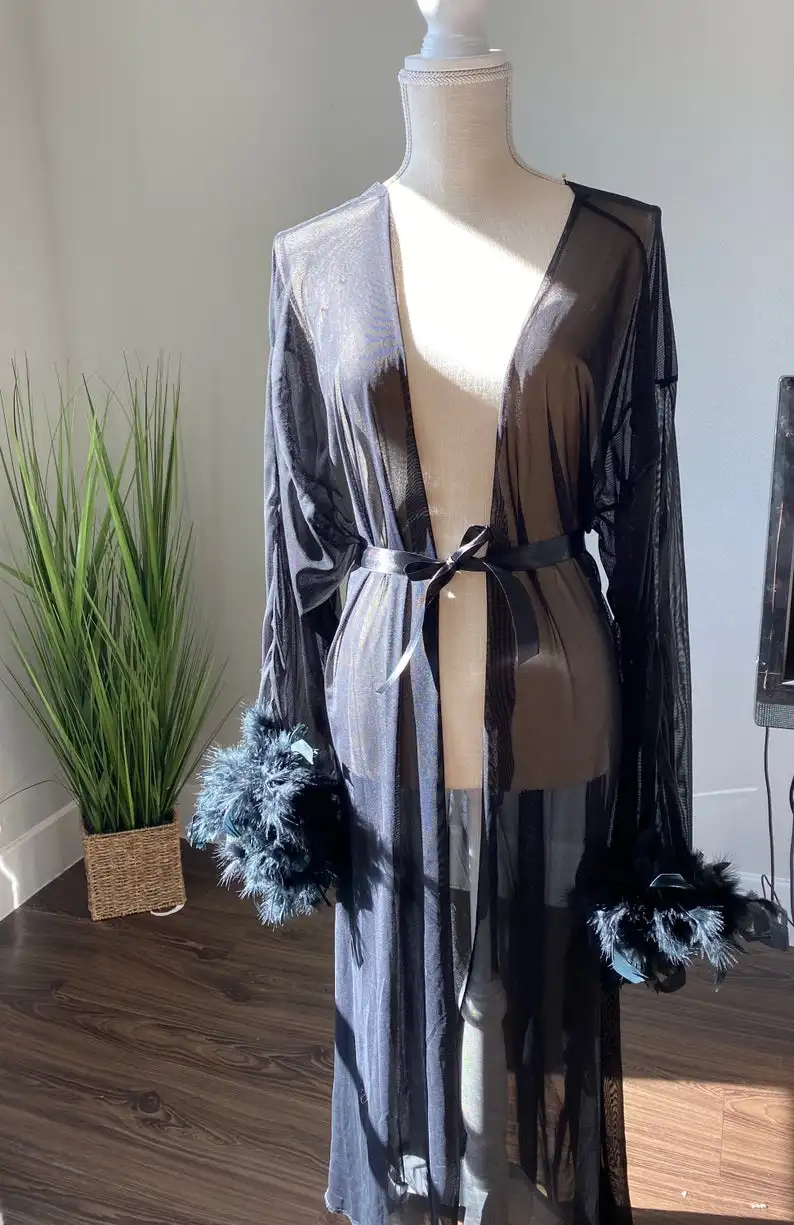 Sexy Long Sleeve Women Dresses Elegant V Neck Feather Nightgown With Belt For Photo Shoot Lingerie Bathrobe Nightwear