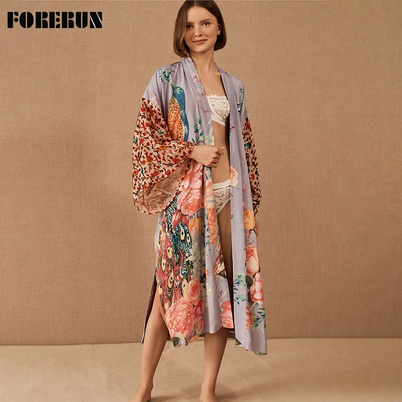 

FORERUN Bohemian Kimono Cardigan Long Women Printed Casual Long Sleeve Beach Tunic Summer Cape for Swimsuit Cover Up