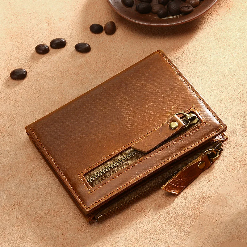 

Simple cowhide first layer oil wax leather wallet men rfid retro casual double zipper short wallet