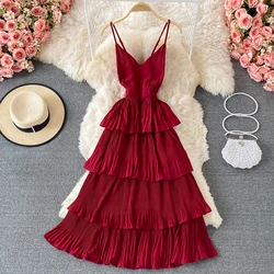 Summer Green/Pink/Red Pleated Spaghetti Strap Dress Women Sexy V-Neck High Waist Sleeveless Cascading Ruffle A-Line Draped Robe