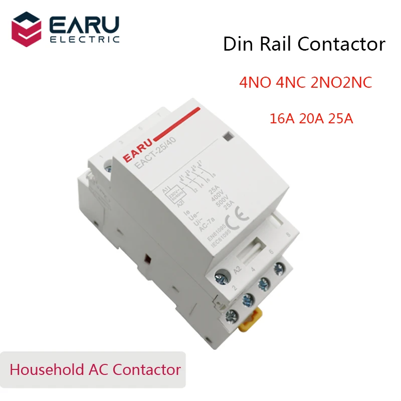 4P 16-25A AC 220V 230V 50/60Hz Din Rail Household AC Modular Contactor Switch Controller 4NO 4NC 2NO 2NC Smart Home House Hotel