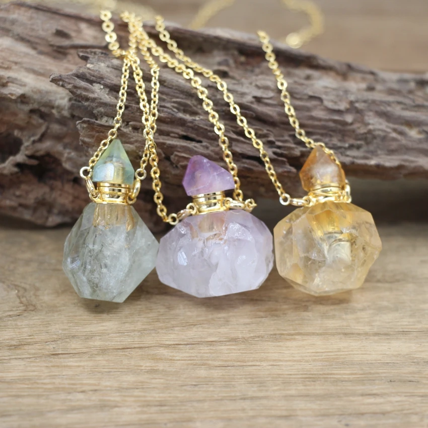 Natural Quartz Raw Stone Essential Oil Vial Pendant Necklace Rough Crystal Citrines Perfume Bottle Fashion Women Jewelry QC1113