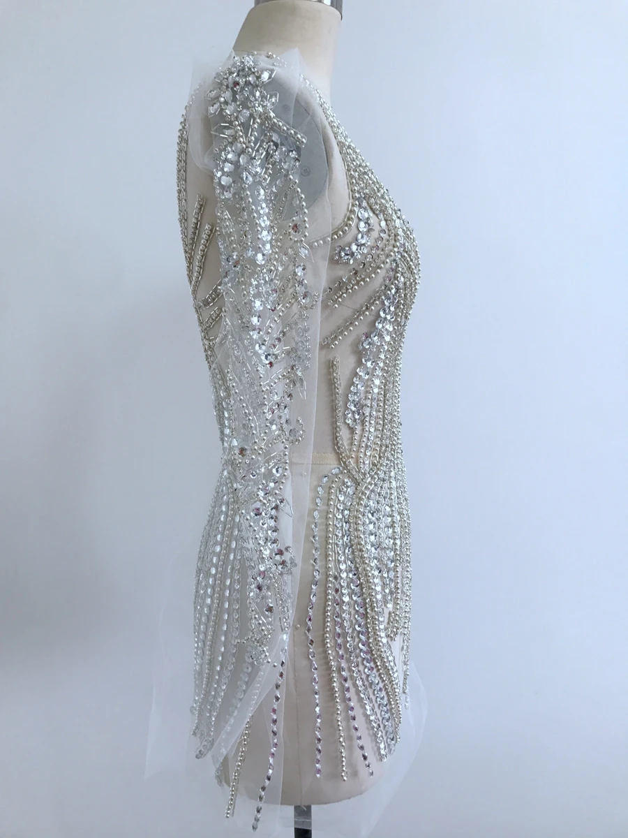 handmade silver/gold rhinestones bodice applique on nude mesh full body patches accessory for dress accessory