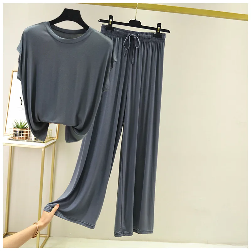 2 Piece Set Gray Home Suit for Women Modal Atoff Home Cloth Loose Women Pajamas Set Female Homewear Suit summer Ladies Sleepwear