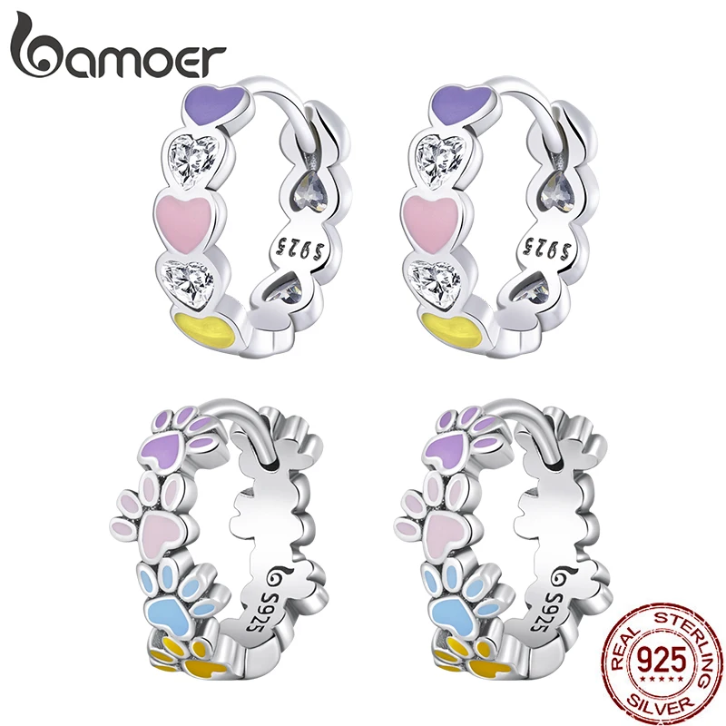 

BAMOER Silver Colorful Cute Paws Ear Buckle 925 Sterling Silver Enamel Buckle Love CZ Hoop Earrings for Women Fashion Jewelry