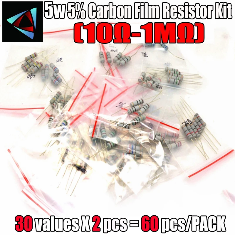 60PCS/LOT 5W 5% 10R-1M 30Values*2Pcs Carbon Film Resistor Commonly Kits Metal Oxide