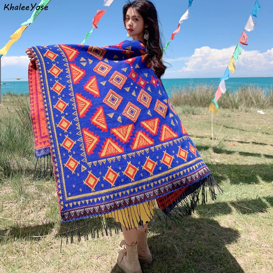 KHALEE YOSE Boho Pattern Knitted Capes Cloak Cardigan Ethnic Floral Chic Vintage Autumn Winter Holiday Cape Shawl Warm Poncho