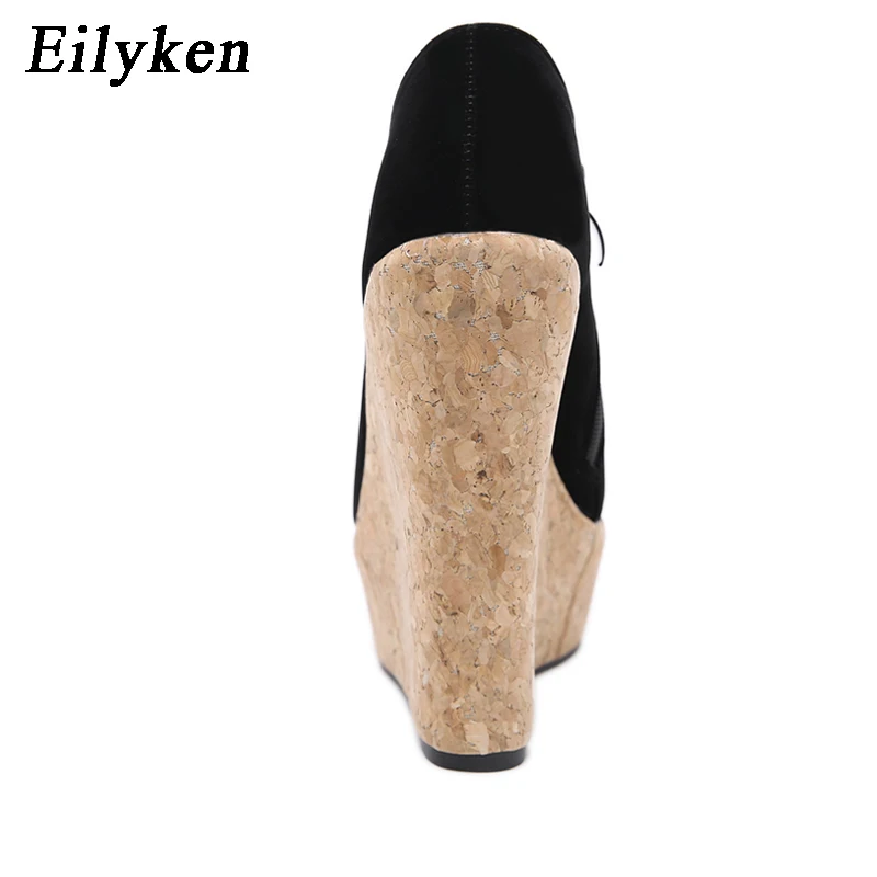 Eilyken Spring Autumn Fashion Flock Round Toe Zipper Platform Wedges Woman Pumps Sexy High Heels Nightclub Mules Shoes