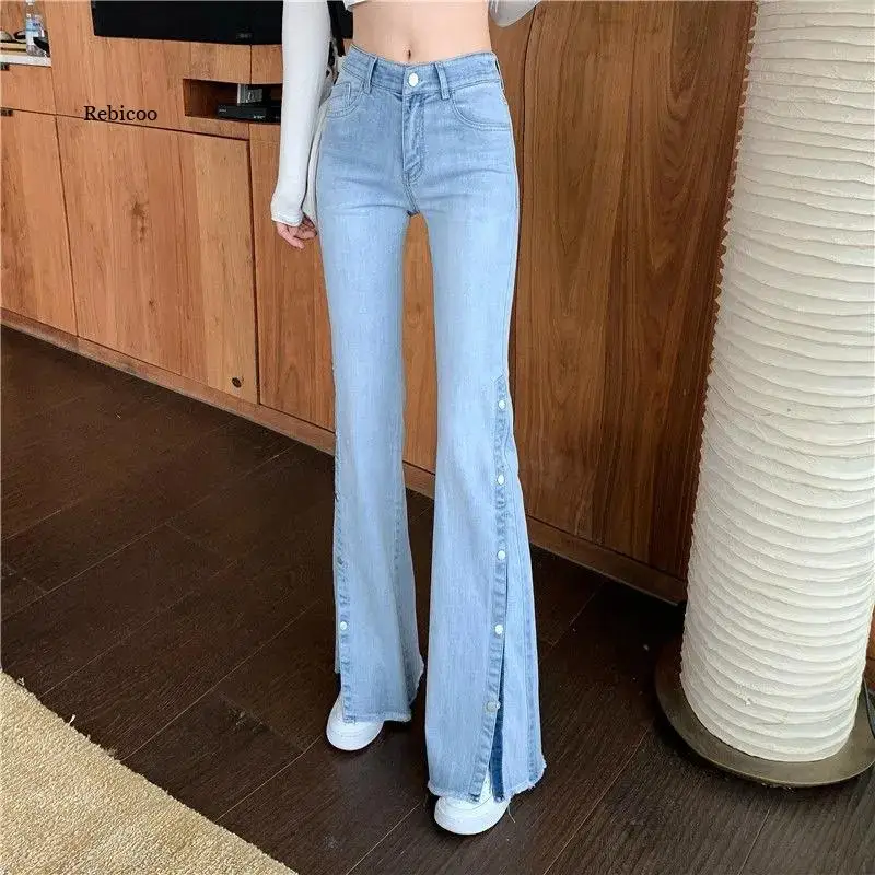 Spring Single-Breasted Side Slit Slim Jeans Women Korea Style High Waist Flare Jean Light Blue Denim Bell Bottom Pants