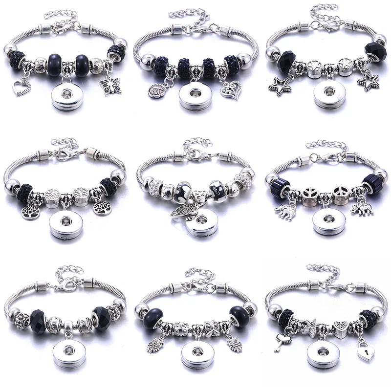 2020 New Snap Button Jewelry Vintage Beaded Black Leather Snap Bracelet Fit 18mm Snap Buttons Bohemia Magnetic Leather Bracelets