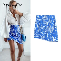 Blue Floral Asymmetrical Skirt Za 2024 Women High Waist Buttons Ruched Bodycon Mini Sexy Faldas Cortas Summer Jupe Femme Snican