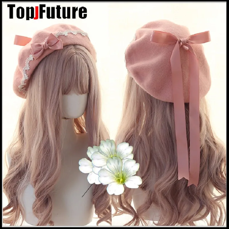 

Japanese girl Kawaii Beret Hat Lolita Teenage heart Sweet Woolen Handmade Cute Lace Bowknot Warm Winter Painter Hat Headdress