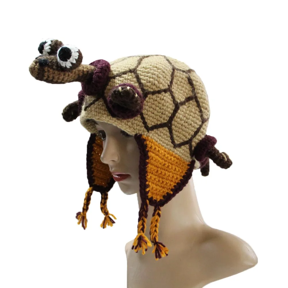 BomHCS Knitted Tortoise Hat Earmuff Braids Animal Beanie Halloween Caps XMAS Turtle (S for children 48-50cm, L for adult 53-61cm